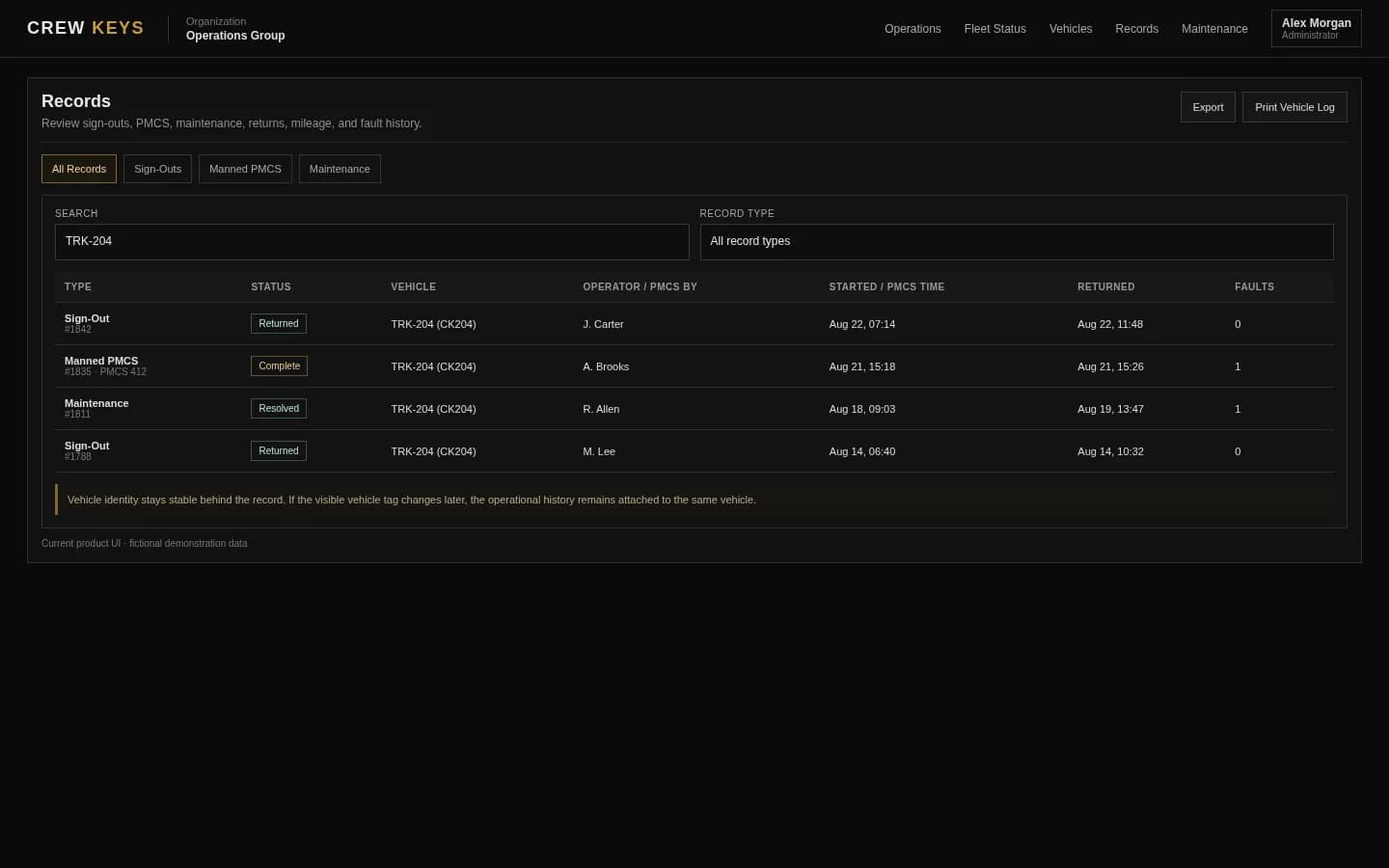 Crew Keys records interface showing sign-out, PMCS, maintenance, operator, dates, vehicle, and fault history