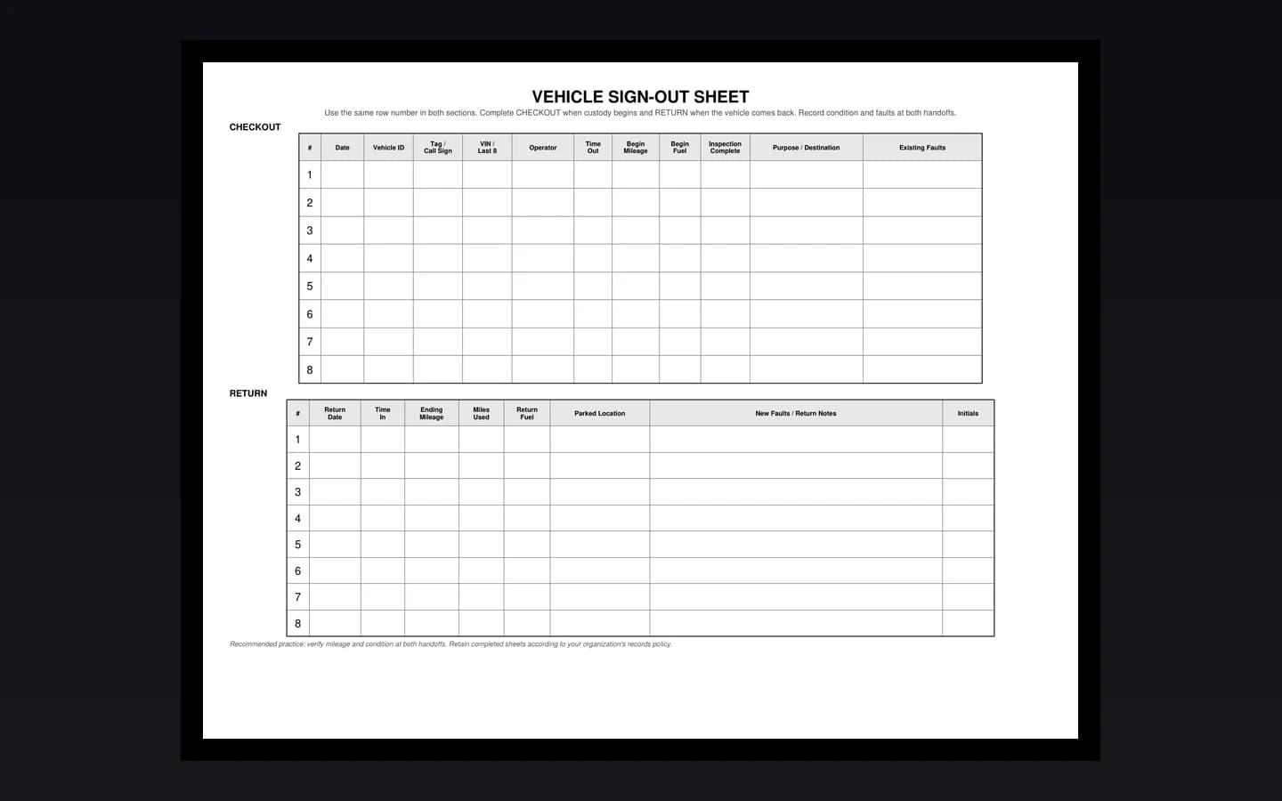 Printable vehicle sign-out sheet with checkout and return sections