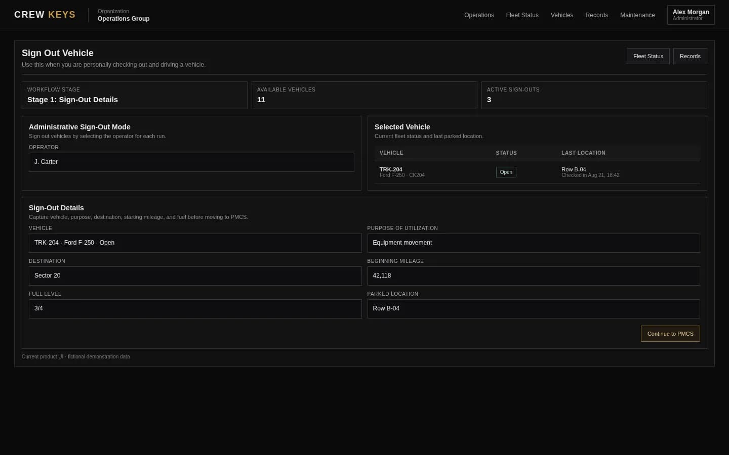 Crew Keys vehicle checkout interface showing operator, vehicle, purpose, destination, beginning mileage, fuel, and PMCS workflow