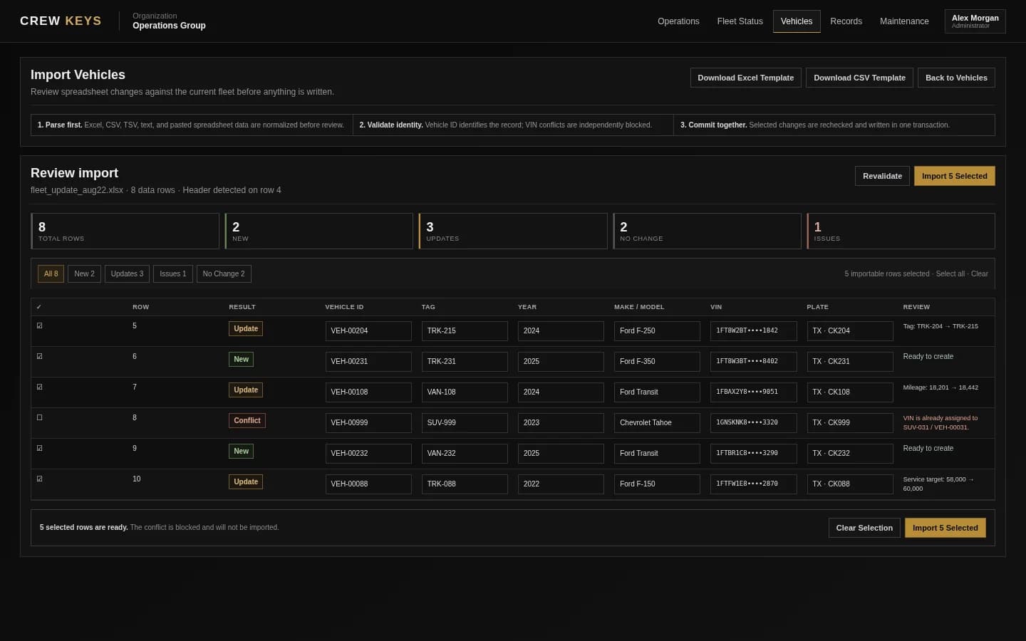 Crew Keys vehicle import review interface showing new vehicles, updates, conflicts, and validation before import