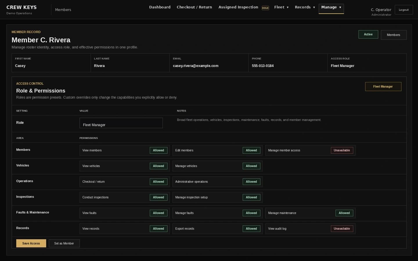 Current Crew Keys member access interface showing role and permission controls