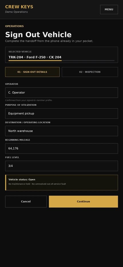 Current Crew Keys mobile Sign Out Vehicle interface showing the driver checkout workflow on a phone