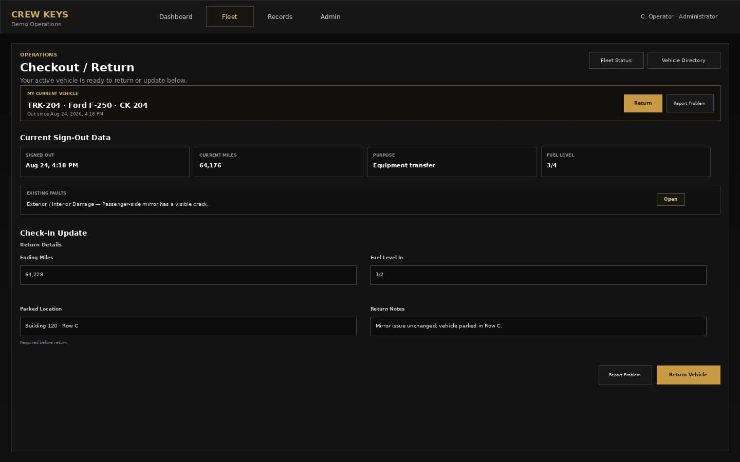 Current Crew Keys Checkout and Return workspace showing ending mileage, fuel, parked location, return notes, and existing faults